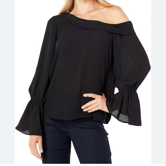 Vince Camuto Rich Black Summer 3 one shoulder 3/4 sleeves ruffle top blouse 1X - Picture 2 of 13